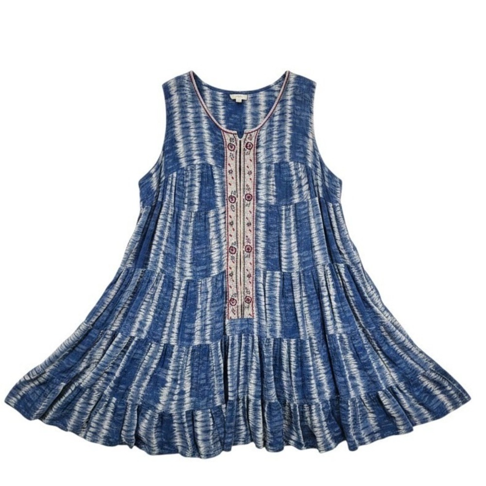 Kyla Seo Blue Tie Dye Embroidered Tiered Boho Mini Festival‎ Coastal Lg READ